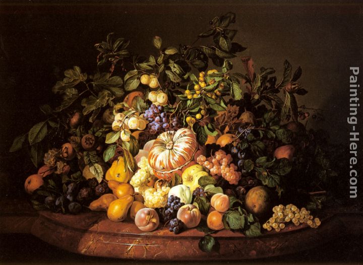A Still Life of Fruit on a Marble Ledge painting - Leopold Zinnogger A Still Life of Fruit on a Marble Ledge art painting